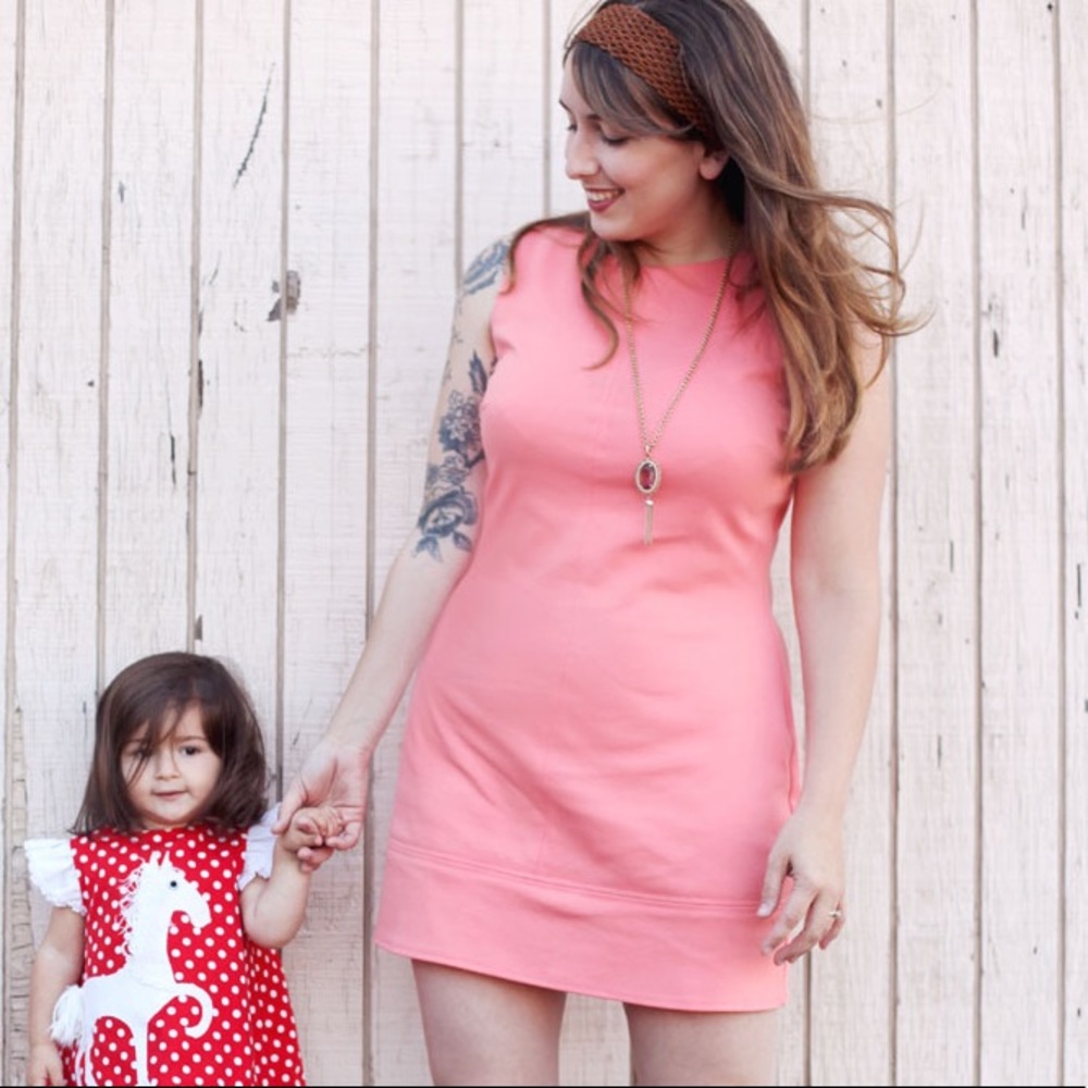 Coral pink ponte knit shift dress with center seam mini sleeveless